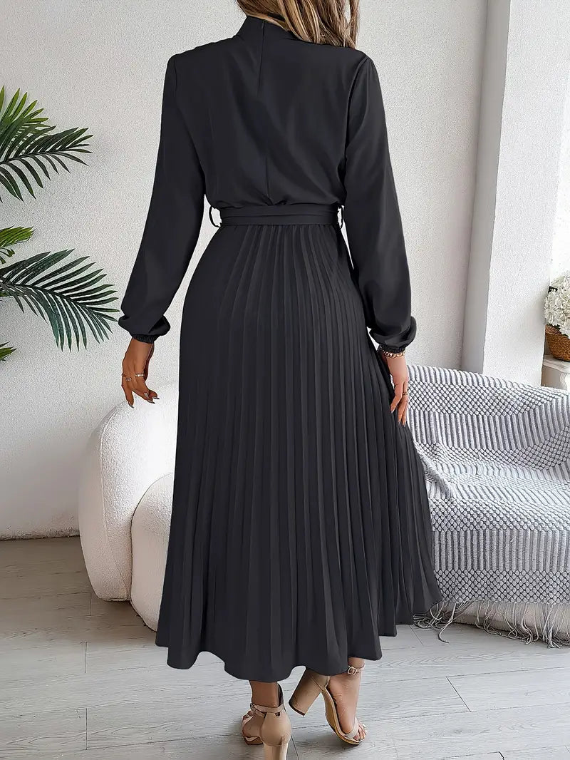 Winifred long sleeve pleated midi dress in black, back view