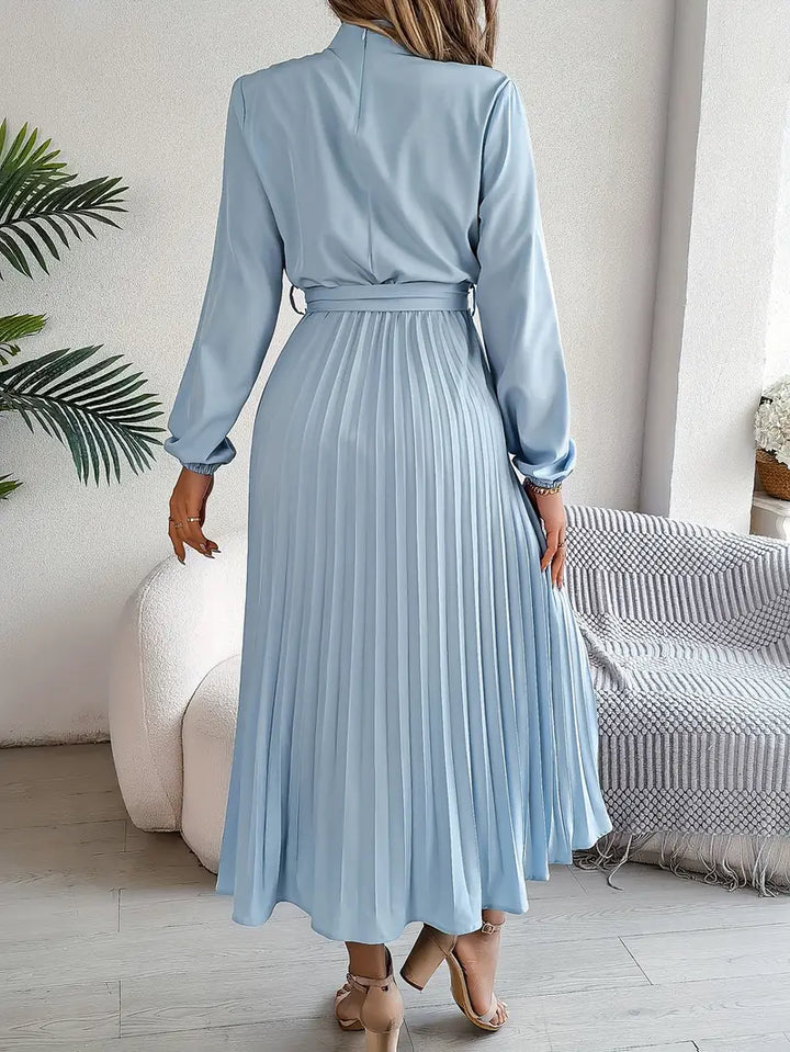 Winifred long sleeve pleated midi dress in light blue, back view