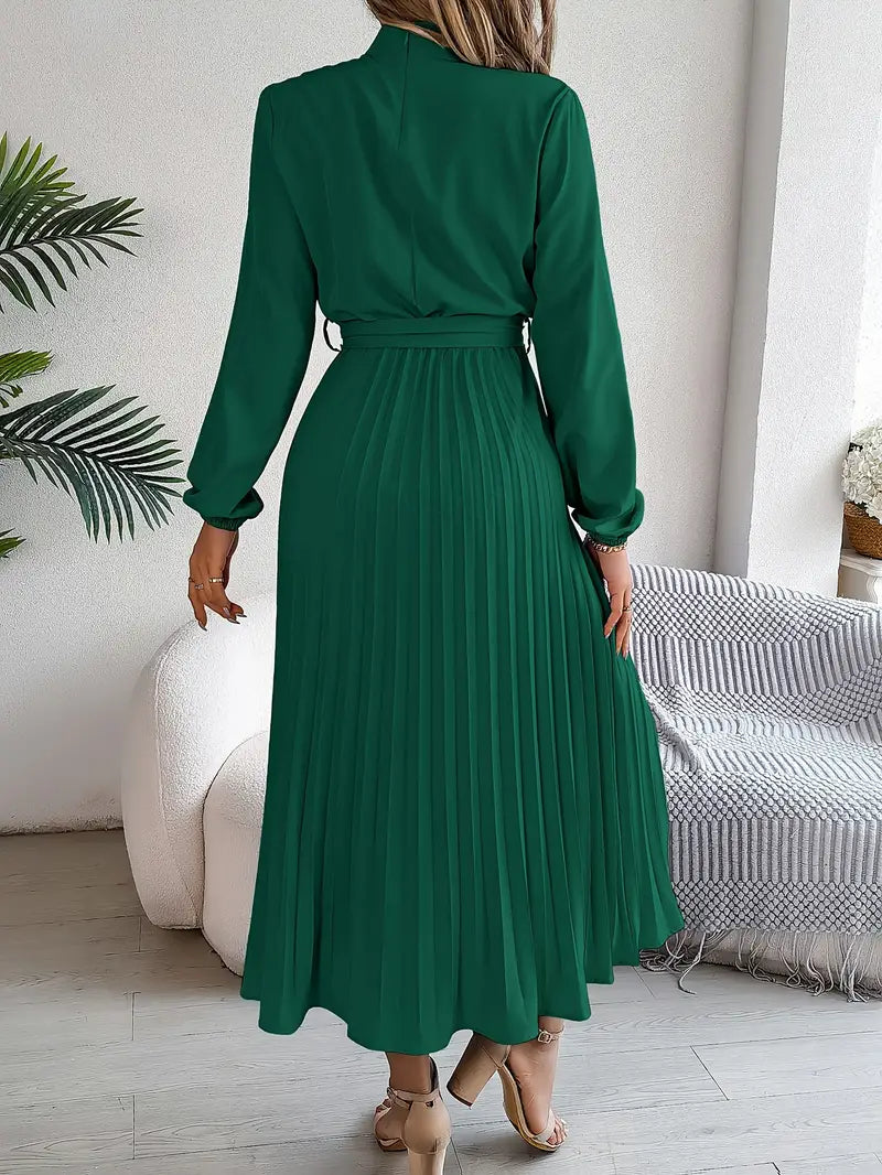 Winifred long sleeve pleated midi dress in green, back view