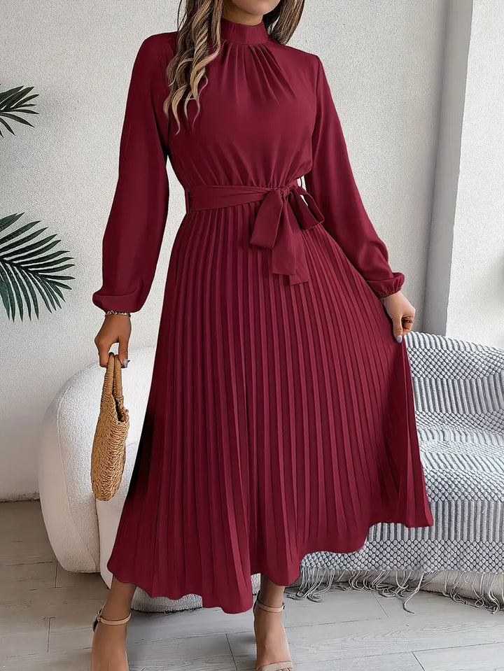 Winifred long sleeve pleated midi dress in burgundy, front view
