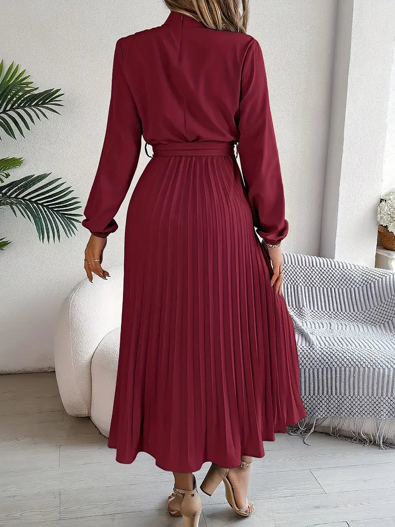 Winifred long sleeve pleated midi dress in burgundy, back view