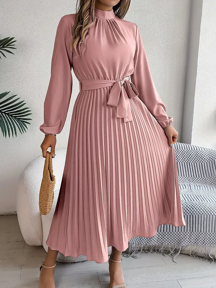 Winifred long sleeve pleated midi dress in pink, front view