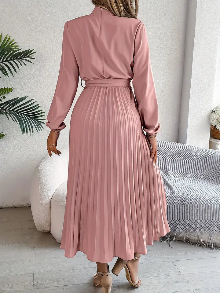 Winifred long sleeve pleated midi dress in pink, back view