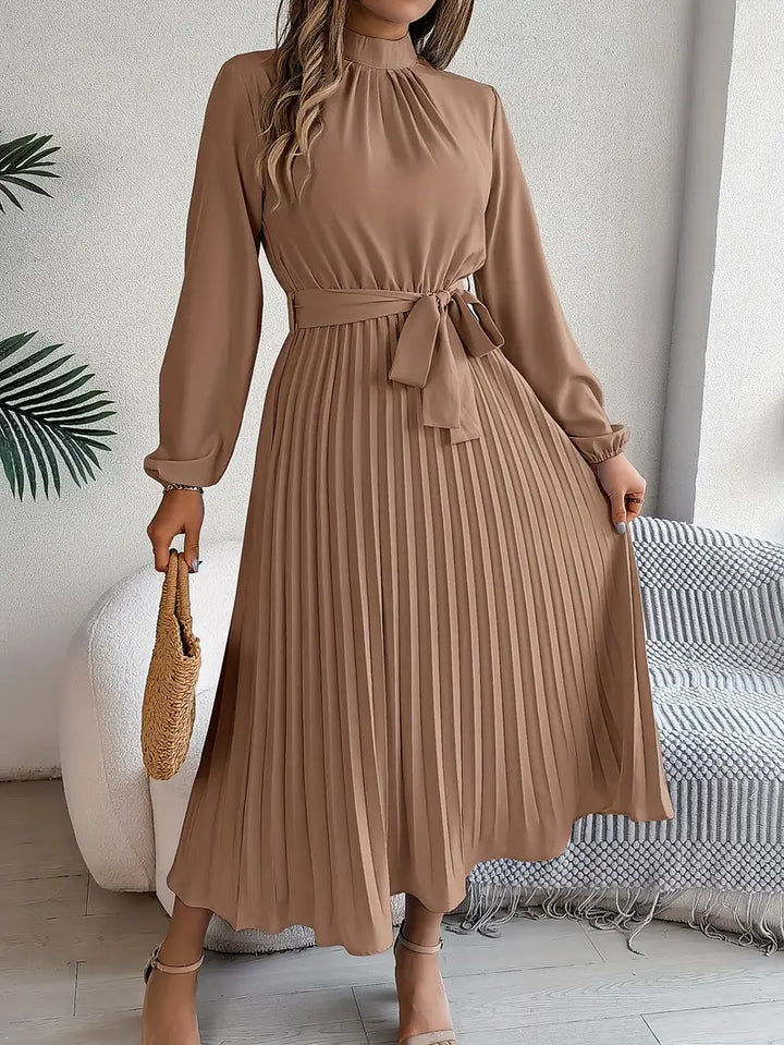 Winifred long sleeve pleated midi dress in khaki, front view