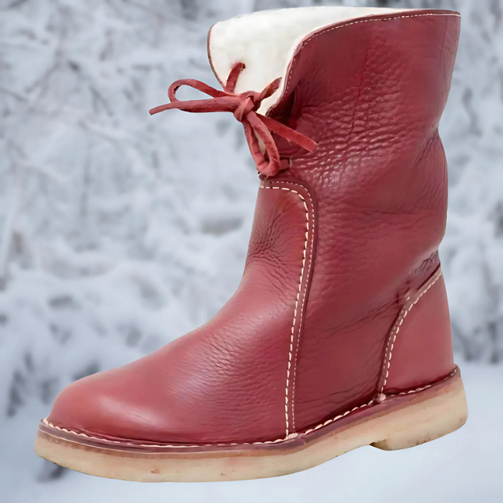 Winona lace-up mid-calf winter boots in red, side view