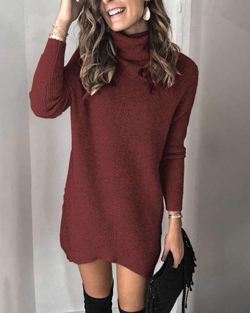 Winona burgundy ribbed turtleneck sweater dress, front view