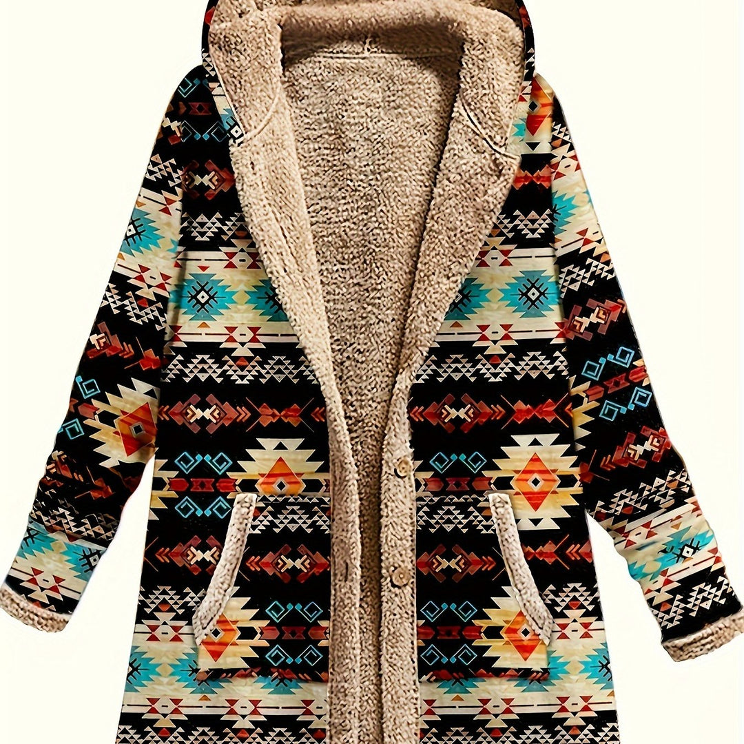 Winona Western print hooded sherpa coat, close-up front view showing plush lining and hood