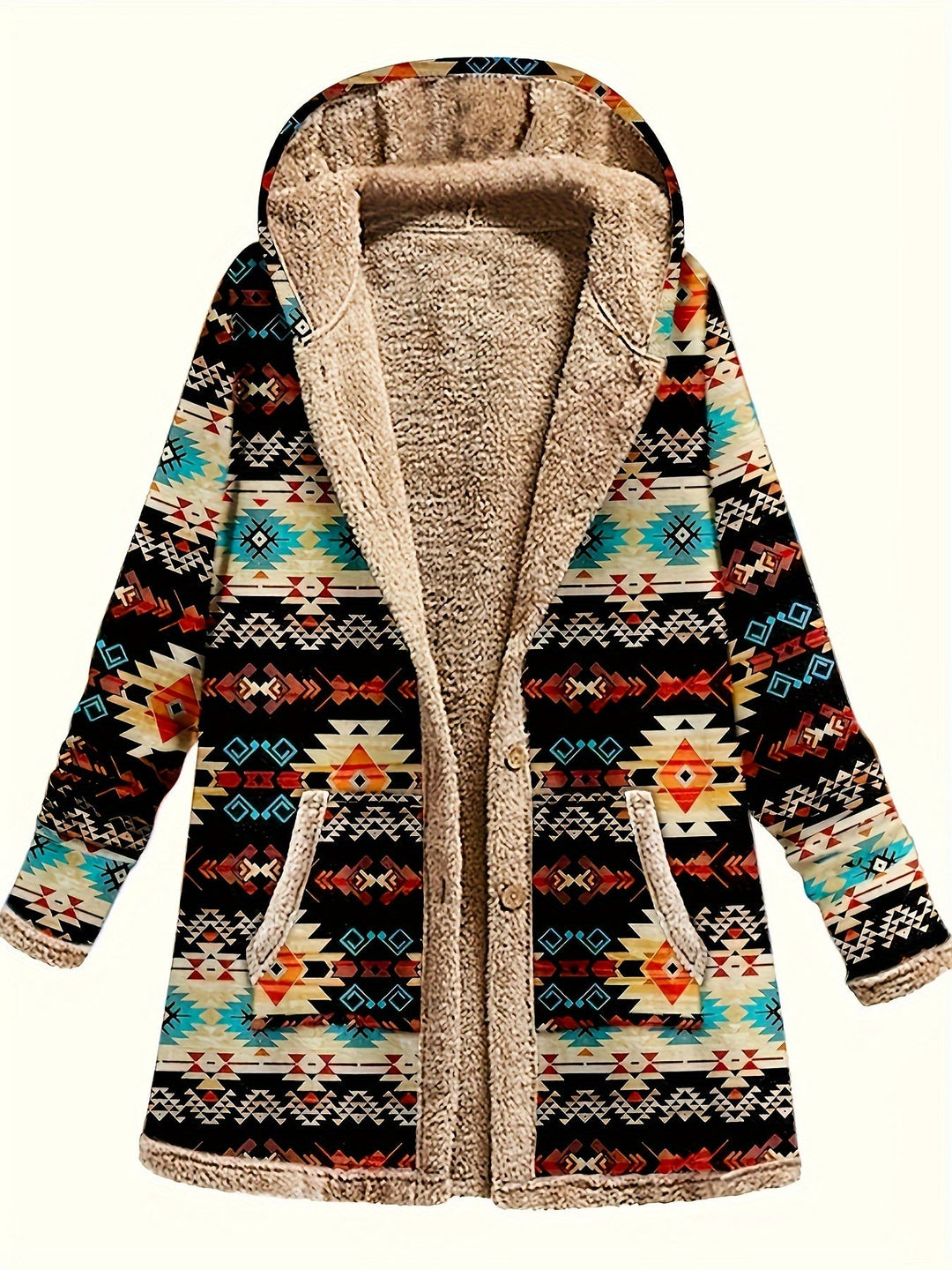 Winona Western print hooded sherpa coat, full front view on hanger