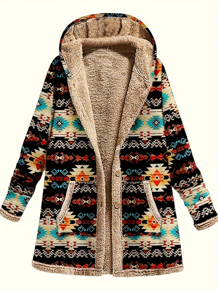 Winona Western print hooded sherpa coat, full front view on hanger