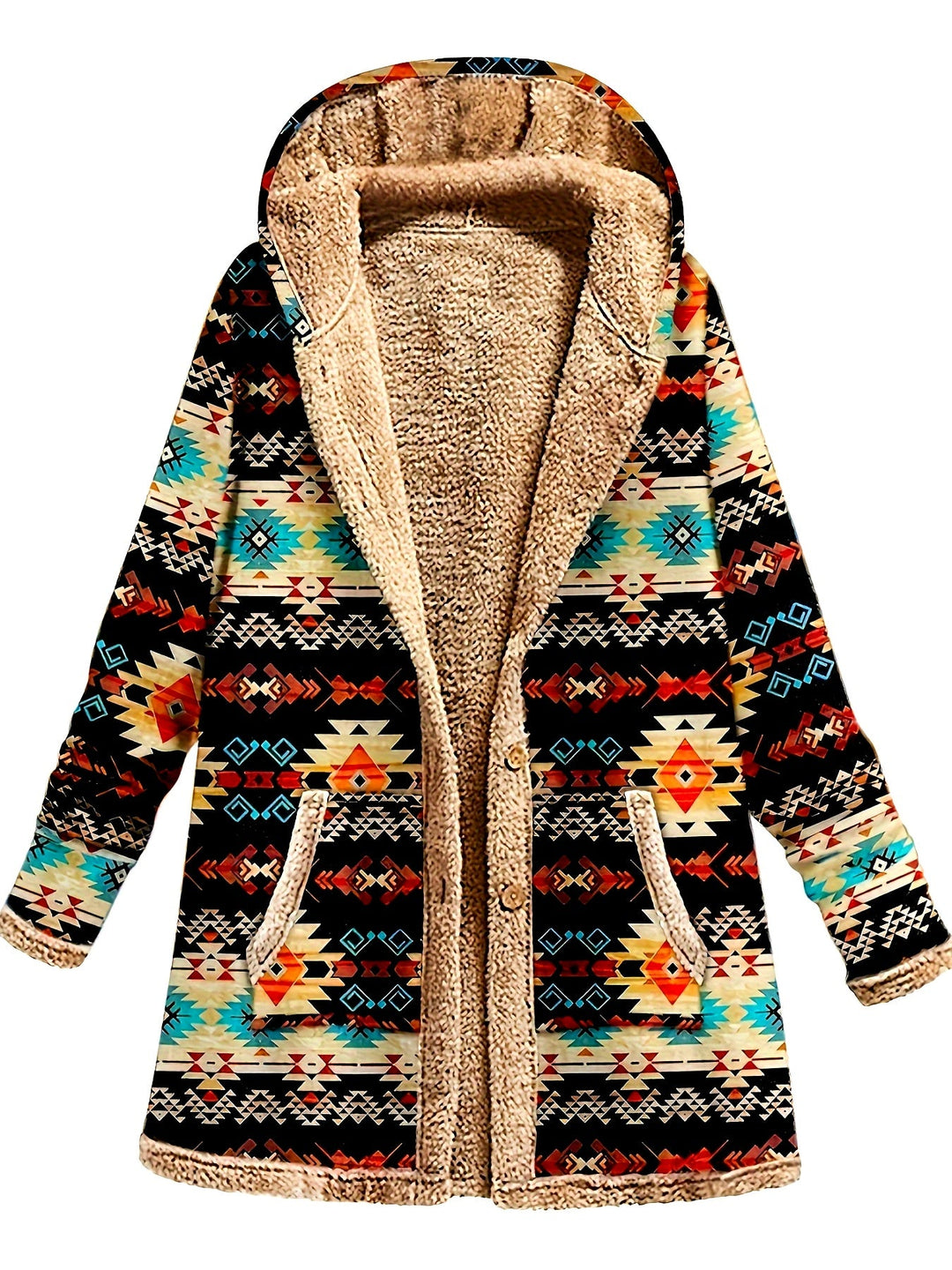 Winona Western print hooded sherpa coat, front view showing button closure and pockets