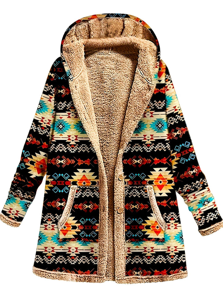 Winona Western print hooded sherpa coat, front view showing button closure and pockets