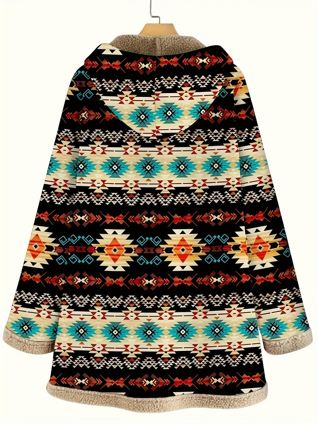 Winona Western print hooded sherpa coat, back view showing hood and pattern detail