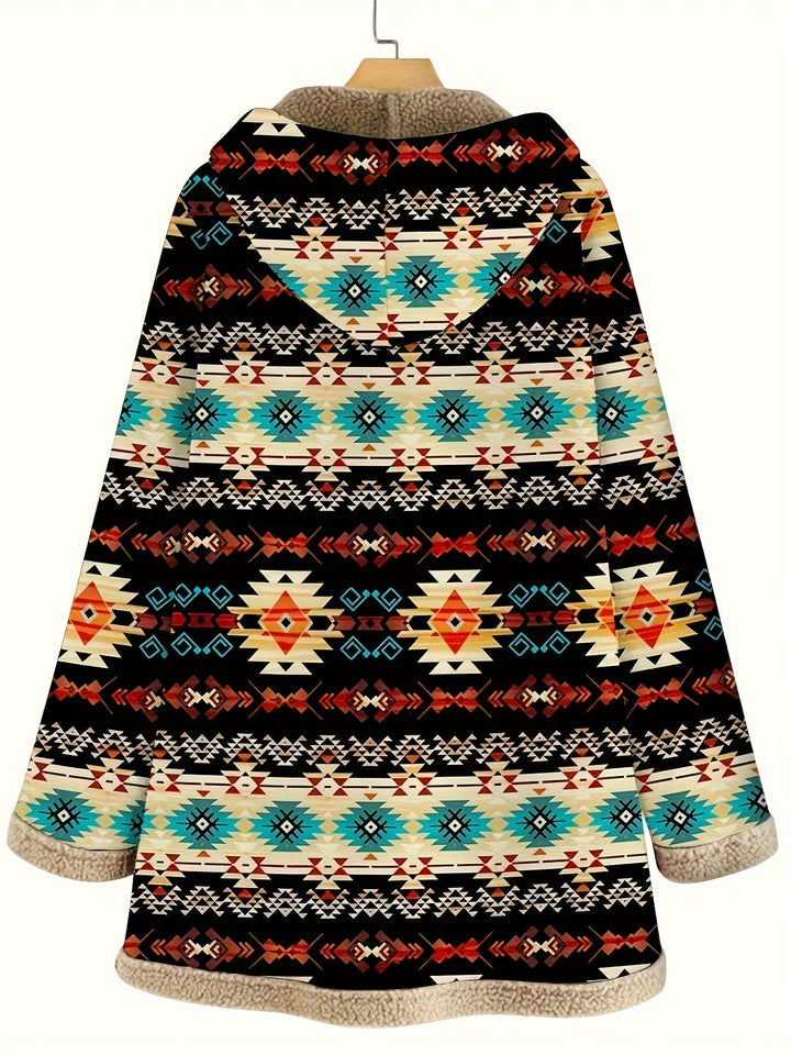 Winona Western print hooded sherpa coat, back view showing hood and pattern detail