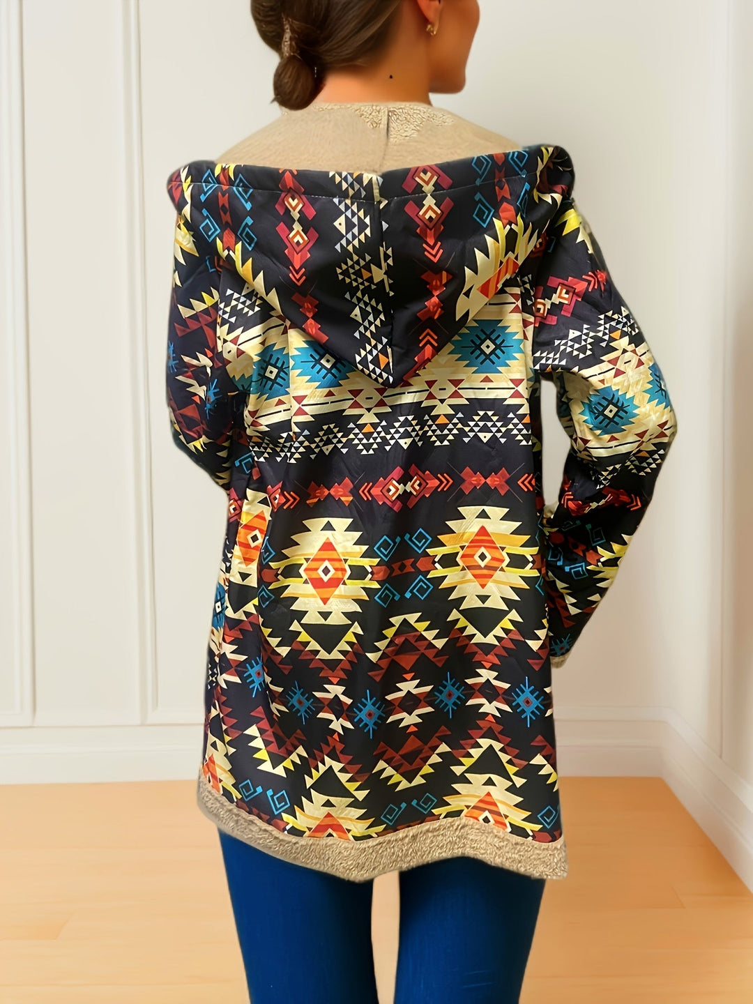 Winona Western print hooded sherpa coat, back view showing hood and pattern detail