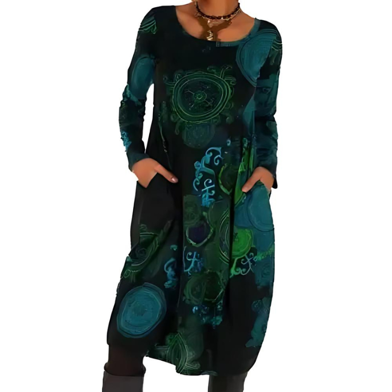 Marlowe allover print long sleeve midi dress in teal, front view