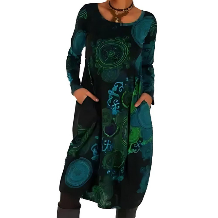 Marlowe allover print long sleeve midi dress in teal, front view
