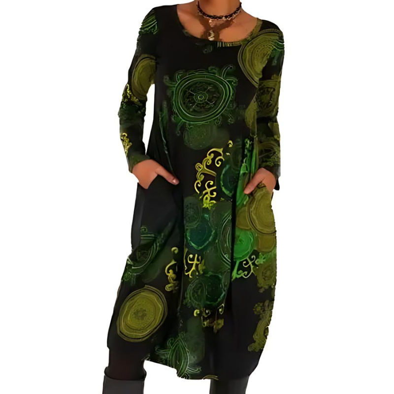 Marlowe allover print long sleeve midi dress in green, front view