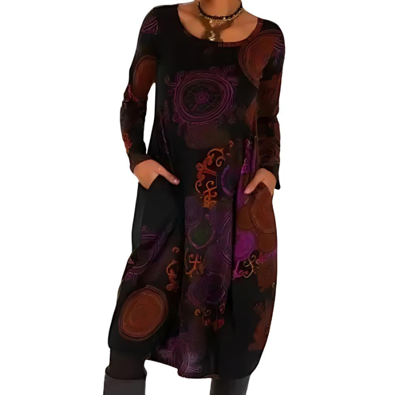 Marlowe allover print long sleeve midi dress in purple, front view