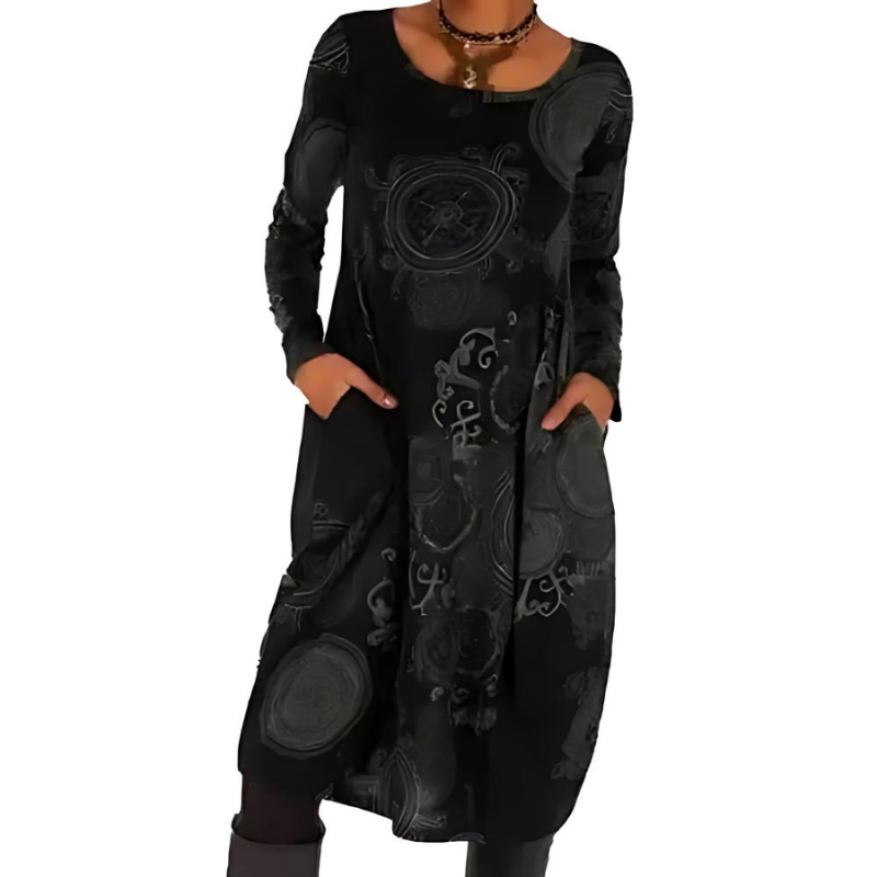 Marlowe allover print long sleeve midi dress in black, front view