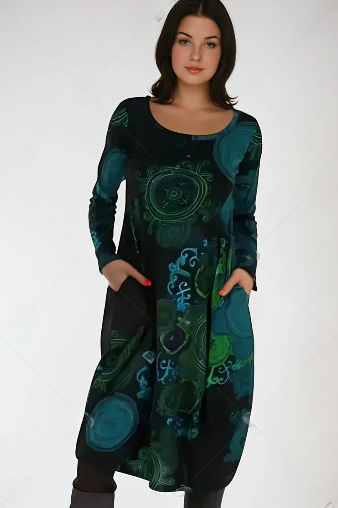 Marlowe allover print long sleeve midi dress in black, front view