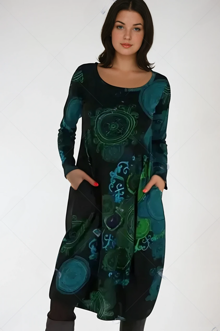 Marlowe allover print long sleeve midi dress in black, front view