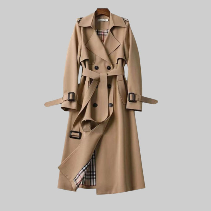 Genevieve beige belted double breasted trench coat, front view