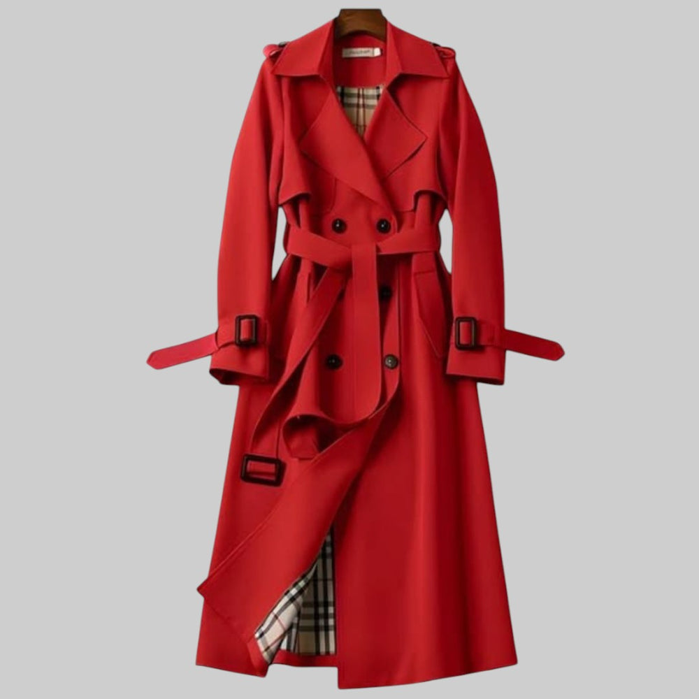 Genevieve red belted double breasted trench coat, front view