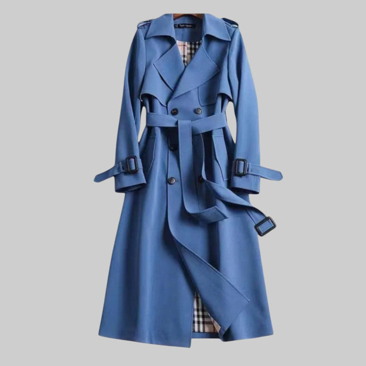 Genevieve blue belted double breasted trench coat, front view