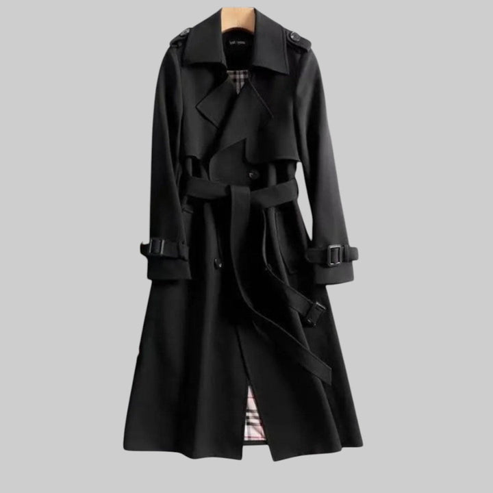 Genevieve black belted double breasted trench coat, front view