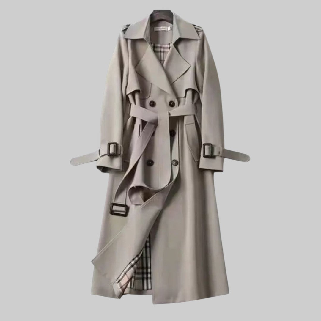 Genevieve black belted double breasted trench coat, front view