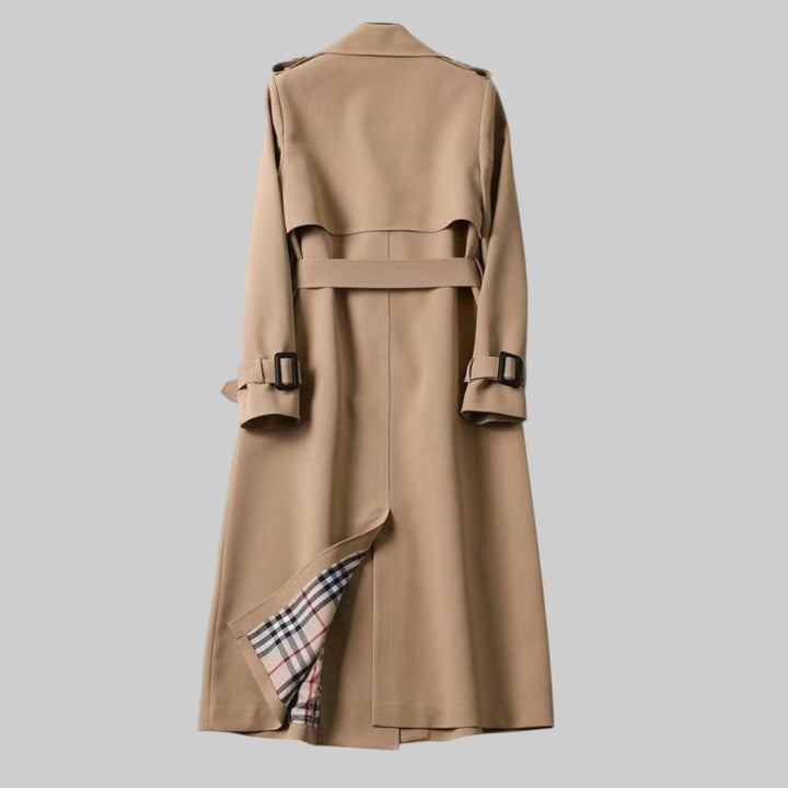 Genevieve black belted double breasted trench coat, front view