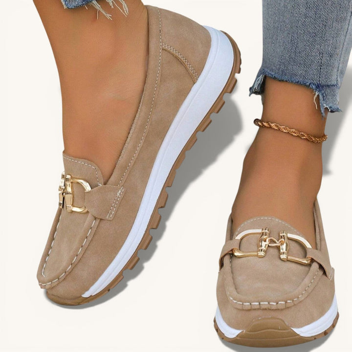 Thea buckle slip-on platform loafers, close-up front view on model