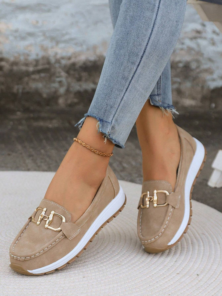 Thea buckle moccasin loafers, side angle view in motion