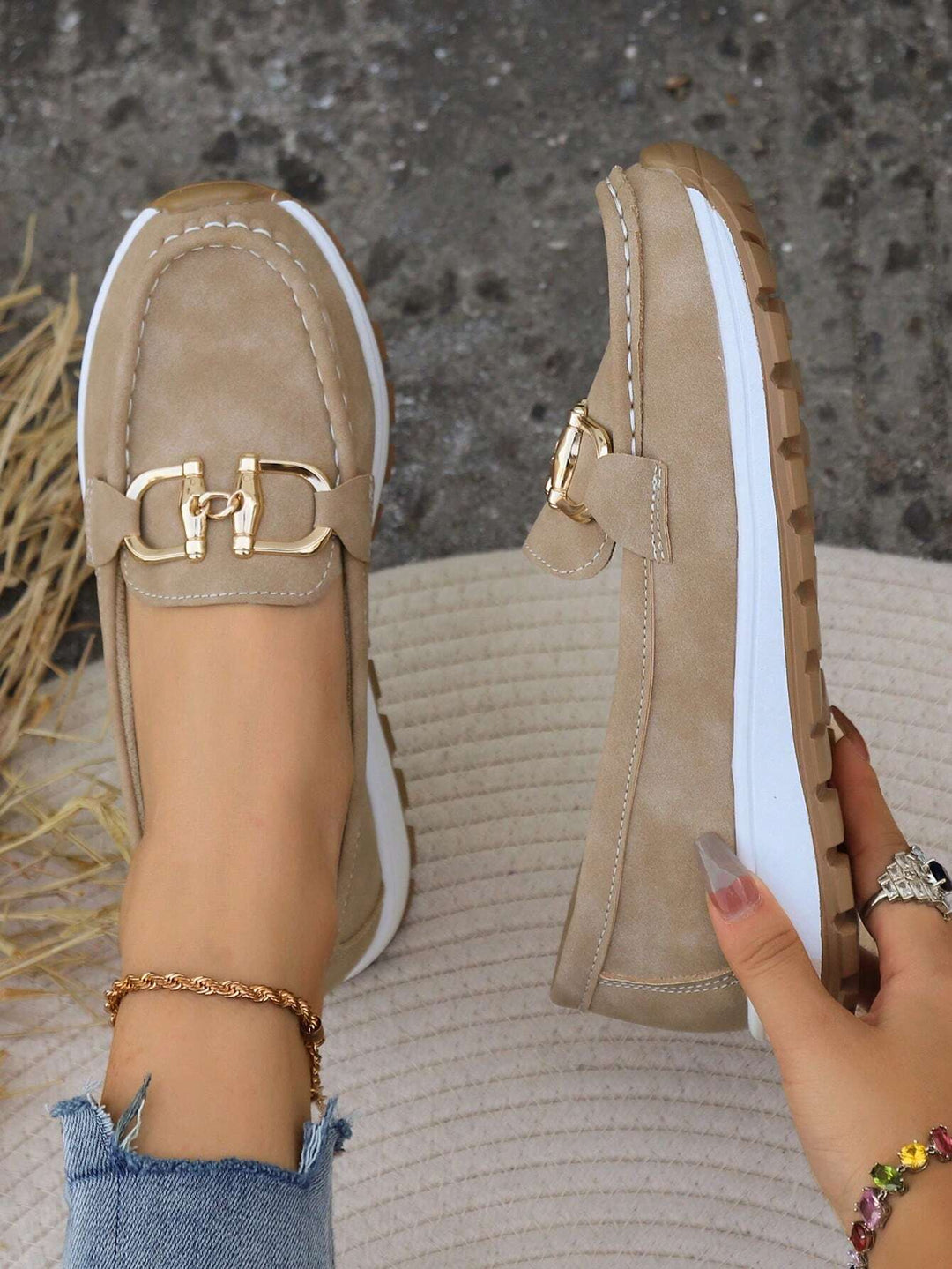 Thea buckle platform loafers, top view showing both shoes
