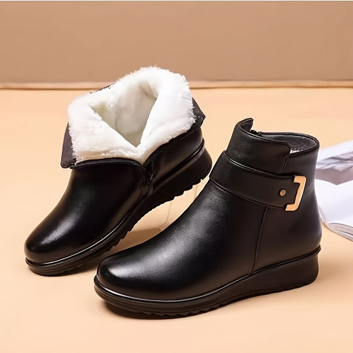 Guinevere buckle ankle boots, side view showing plush lined interior