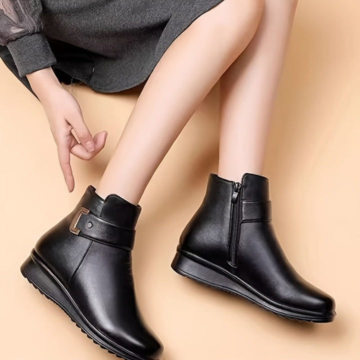 Guinevere buckle ankle boots with height and sole measurements