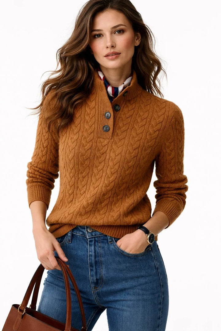 Rosalind cable knit button mock neck sweater in brown, front view with striped collared shirt underneath