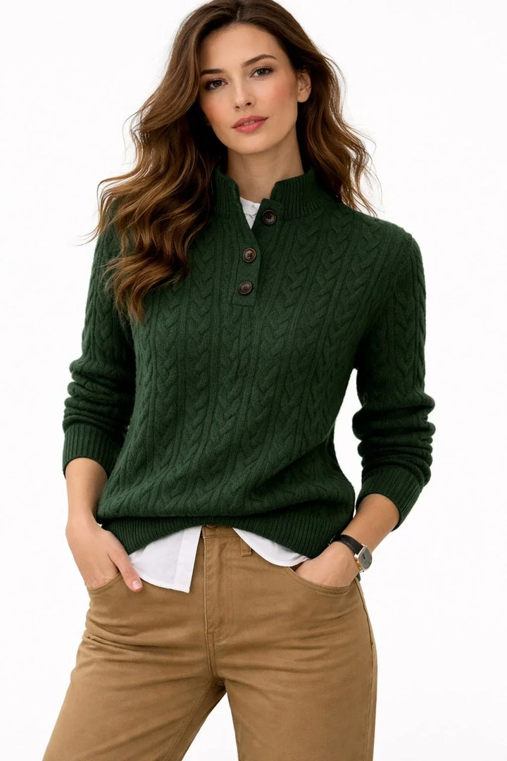 Rosalind cable knit button mock neck sweater in green, front view
