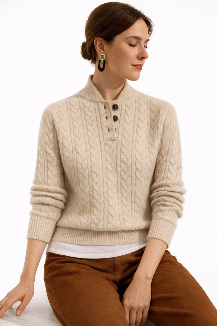 Rosalind cable knit button mock neck sweater in beige, close-up side view with earrings
