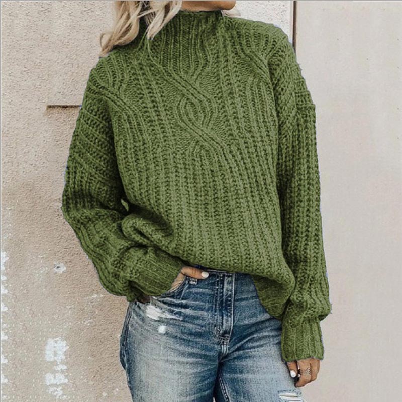 Annalise cable knit mock neck sweater in green, front view