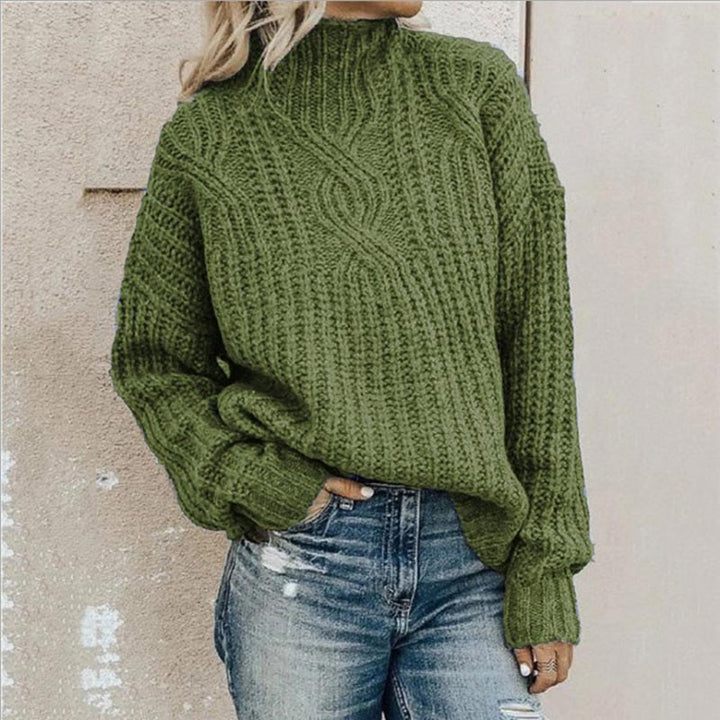 Annalise cable knit mock neck sweater in green, front view
