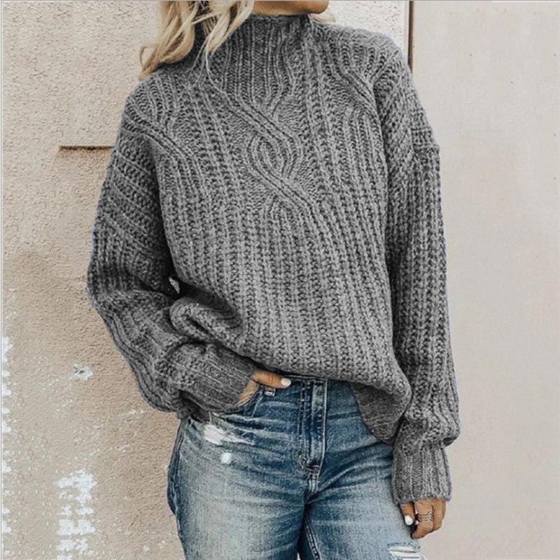 Annalise cable knit mock neck sweater in gray, front view