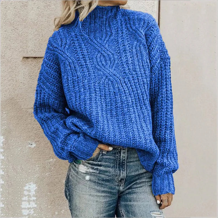 Annalise cable knit mock neck sweater in blue, front view