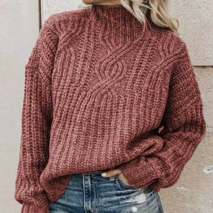 Annalise cable knit mock neck sweater in blue, front view
