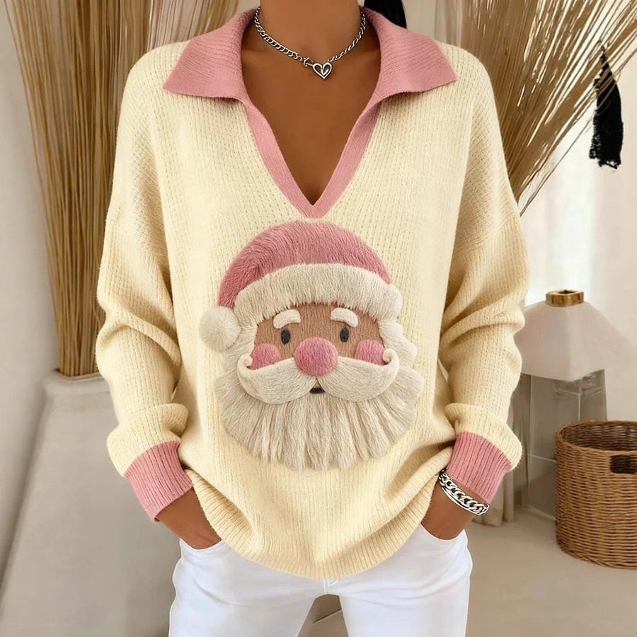 Noelani Christmas Santa print sweater with pink collared V-neck, front view close-up