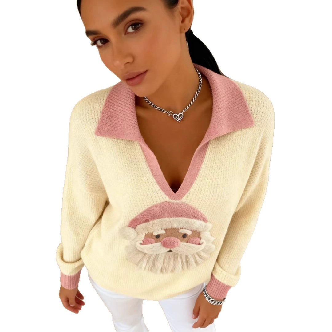 Noelani Santa print sweater styled by a fireplace with holiday decor