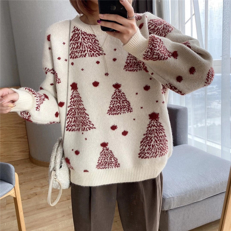 Rosamund Christmas tree print sweater in off-white, front view