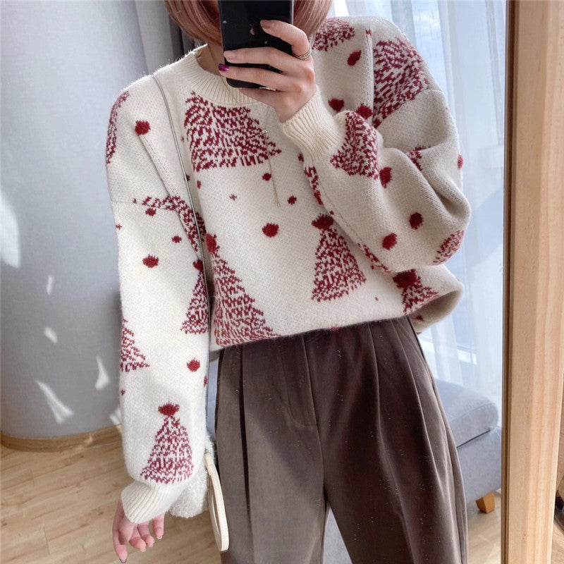 Rosamund Christmas tree print sweater in off-white, close-up view