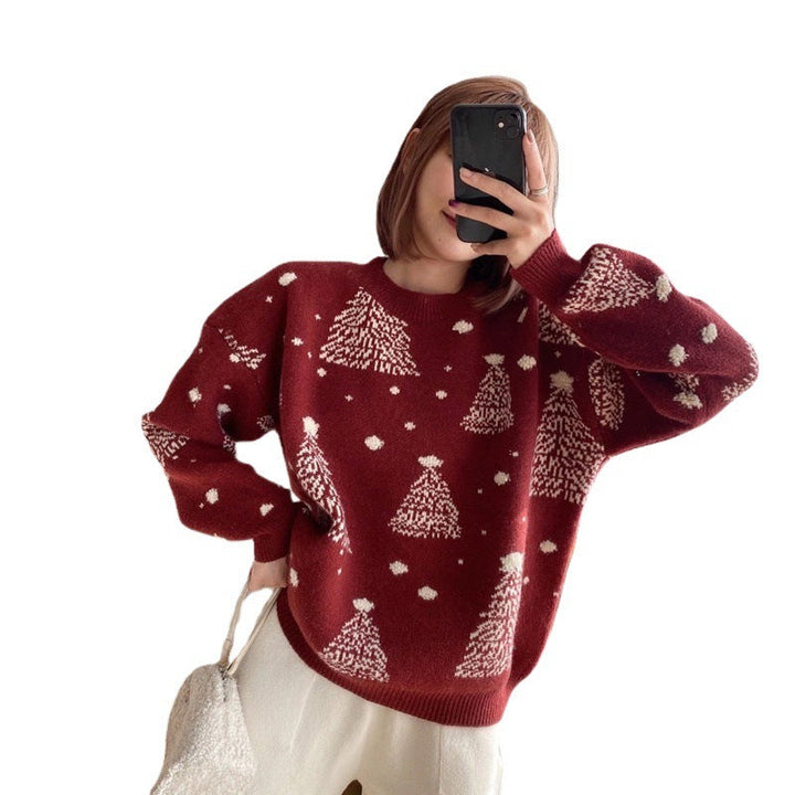 Rosamund Christmas tree print sweater in green, front view