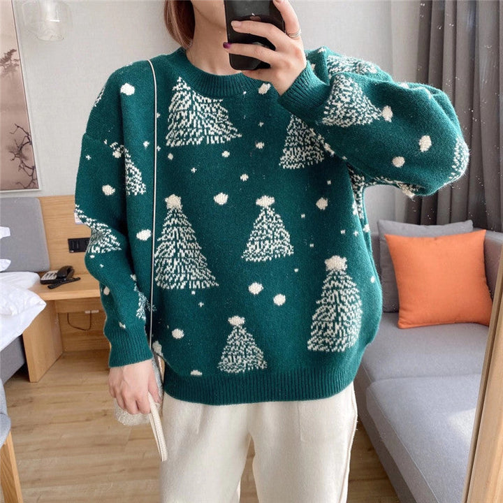Rosamund Christmas tree print sweater in green, front view
